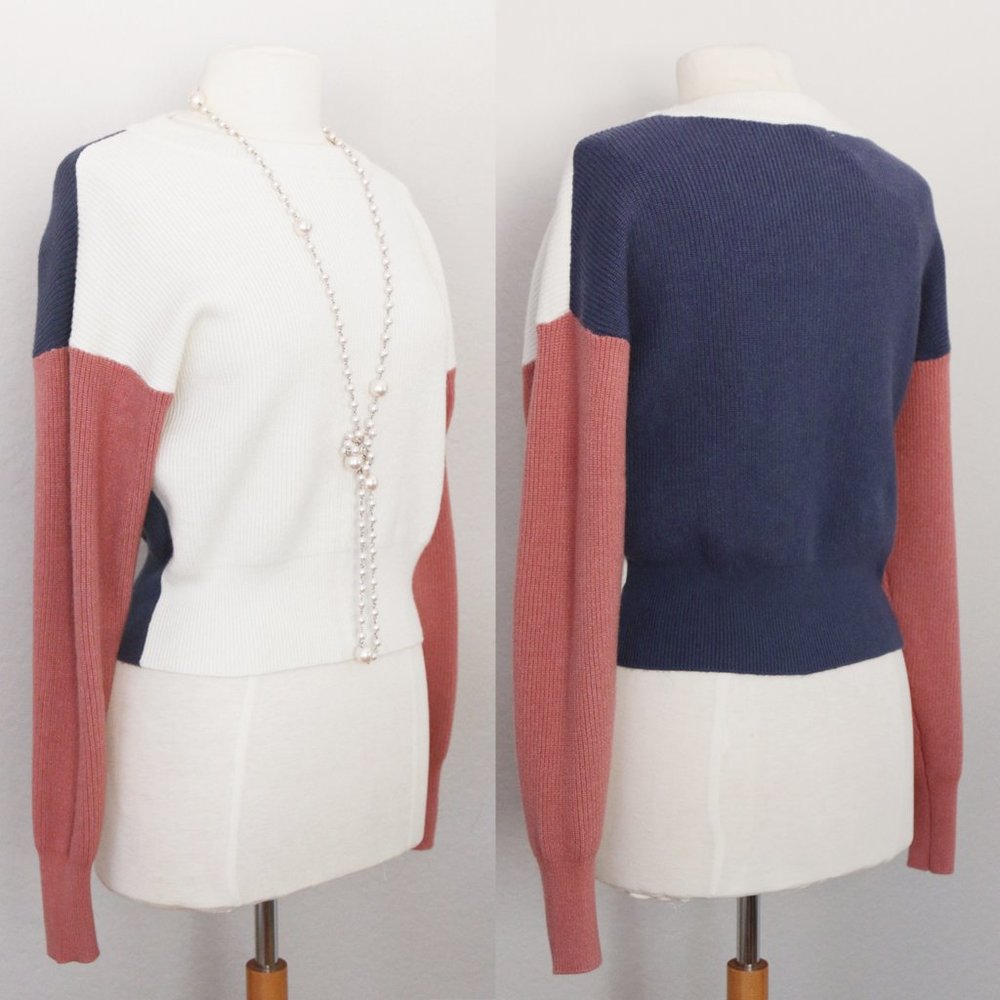 NEW Comune Bonnie Pink Indigo Ivory Colorblock Rib Knit Crew Neck Sweater $88